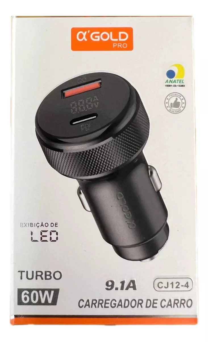 1ea1dc8665e20f2d9afe2e85708d3284.png Carregador Veicular Turbo 1 USB e 1 USB-C 9.1A 60W AGold - Imagem 1