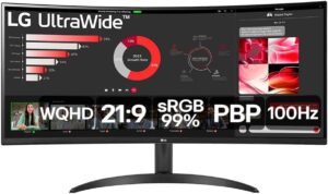 Monitor LG UltraWide Curvo - Tela VA de 34”, WQHD 3440 x 1440, 21:9, sRGB 99%, HDR10, PBP, OnScreen Control, Modo Leitur