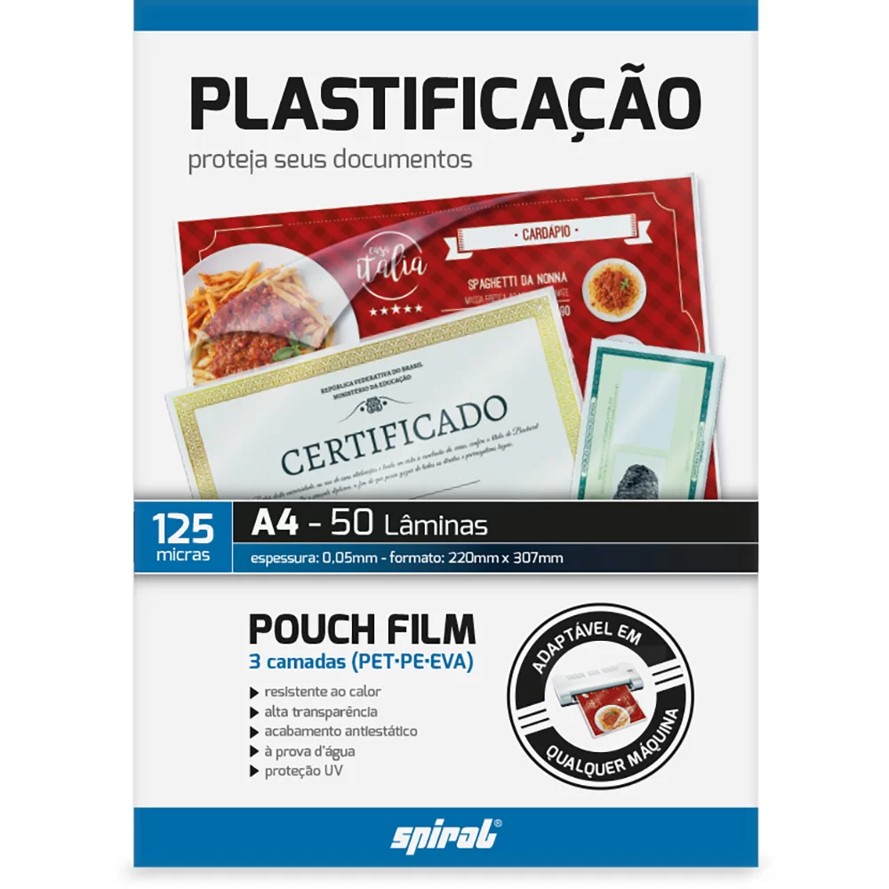2206afd6827fb539ebe4d7930fc81c23.png Plástico para plastificação, 125 Micras, 220mm x 307mm x 0,05mm, A4, 02427, Spiral - PT 50 UN - Imagem 1