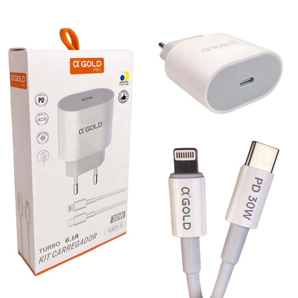 24542cdfbde0ed89a8f43a0081ef11b8.jpg Fonte Carregador Completo Tipo C Para Lightning Turbo 30W A'Gold CA31-2 (iphone) - Imagem 1