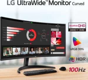 Monitor LG UltraWide Curvo - Tela VA de 34”, WQHD 3440 x 1440, 21:9, sRGB 99%, HDR10, PBP, OnScreen Control, Modo Leitur - Imagem 2