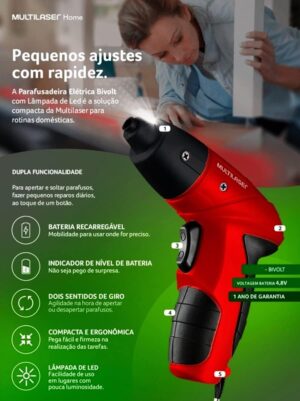 Parafusadeira Elétrica 4,8V com Maleta Multilaser Vermelho - HO063 - Imagem 2