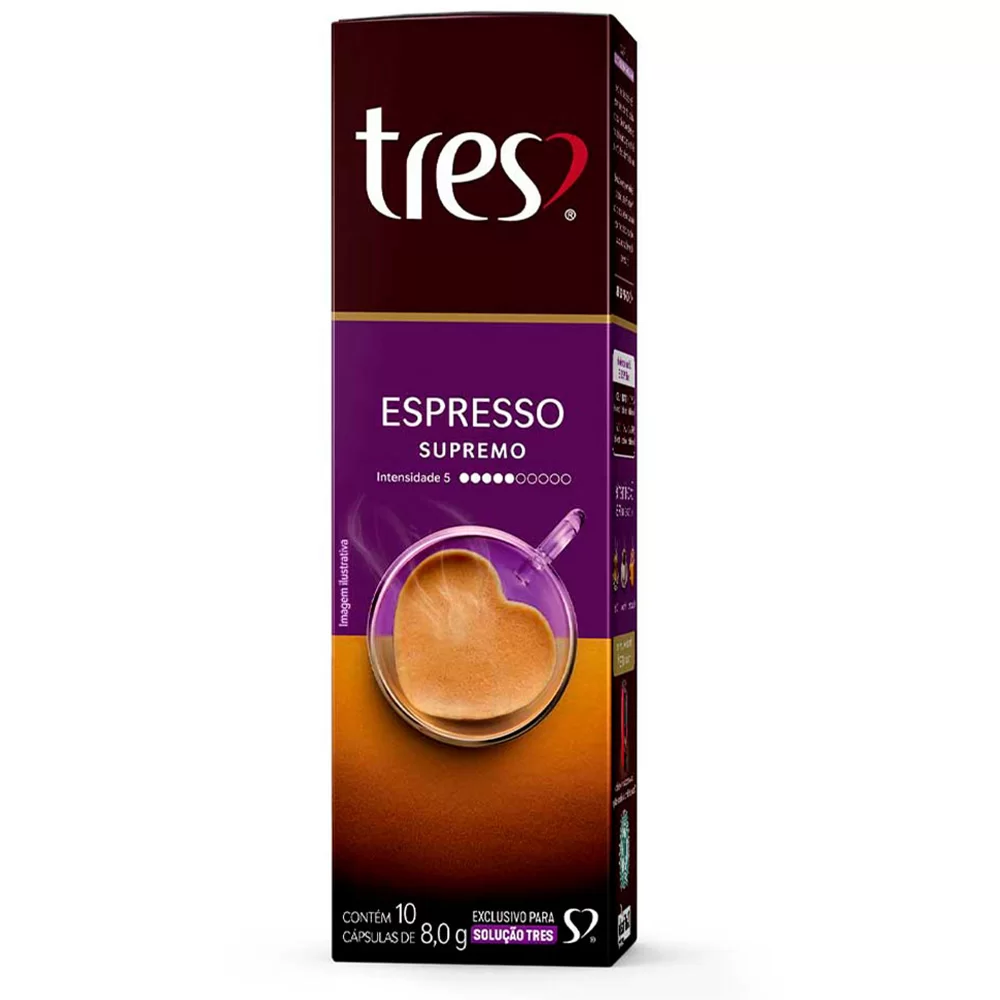 6180d47e5c71dcc6854818cd0969e00b.png Cápsula de Café Espresso Supremo, Compatível com Cafeteira Tres, 3 Tres corações - CX 10 UN - Imagem 1