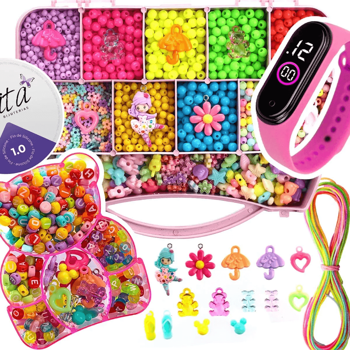63b11a7446c1670cc2c0d4106888f901.png Kit Miçangas Infantil 3300 Peças para Montar Pulseiras Bolinhas + Relógio - Imagem 1