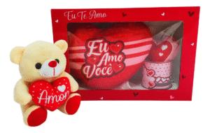 Kit Presente Amor Com Caneca, Almofada de Coração e Ursinho de Pelucia - Eu Amo Você