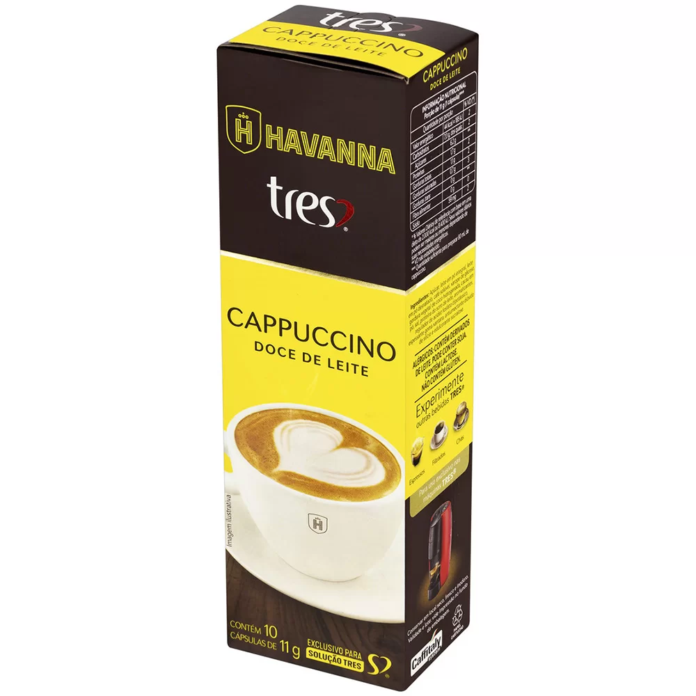 765f9aa670ed0d766de66a781d0e49fc.png Cápsula de cappuccino, Doce de leite Havanna, Compatível com Cafeteira Tres, 3 Tres corações - CX 10 UN - Imagem 1