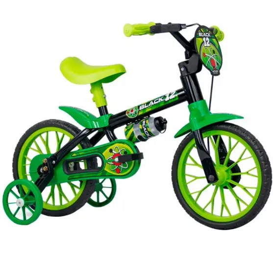 79d8936949c08bfc1a72025fd9a3ae15.jpg Bicicleta Infantil Aro 12 Nathor Cairu Preto com Verde, Rodinhas Laterais - Imagem 1