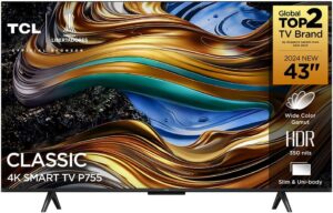 Smart TV 43” Ultra HD 4K TCL 43P755 LED com Google TV, Dolby Vision e Atmos, HDR10+, Wi-Fi, Bluetooth, Google Assistente