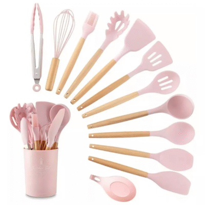 Kit Utensílios Cozinha Silicone Colher Copo Suporte 12 Peça Rosa