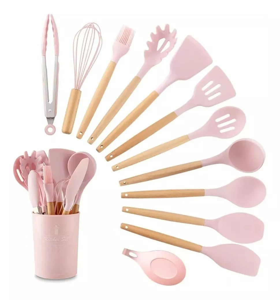 8429d6da7a0660f14b6a7b2e07286329.png Kit Utensílios Cozinha Silicone Colher Copo Suporte 12 Peça Rosa - Imagem 1