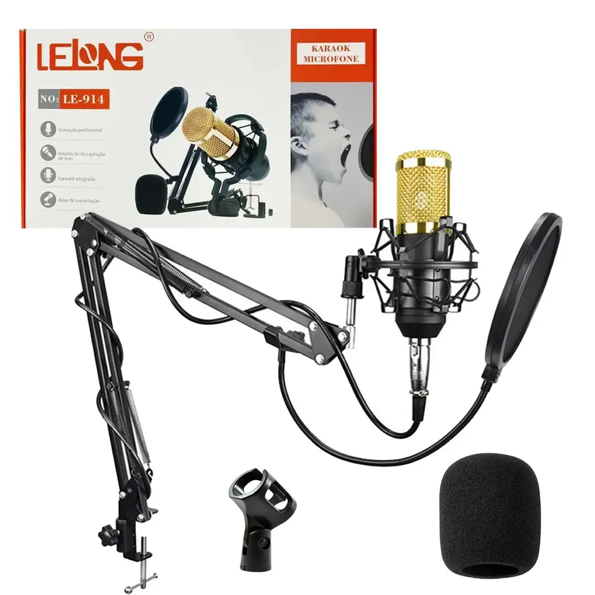 8a9f46296021034189aacb313c87cfba.png Kit Microfone Condensador Studio Gravação YouTuber Gamers LE-914 Completo - Imagem 1