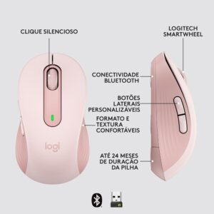 Mouse Sem Fio Logitech Signature M650, 2000 DPI, Rose, Compacto, 5 Botões, Silencioso, Bluetooth, USB - Imagem 3