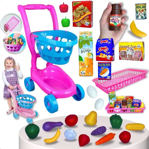 a992da8d6e1c265c09008e5af3571aa2.jpg Brinquedo Carrinho de Mercado Infantil mais Comidinhas Frutas 26pçs - Imagem 1