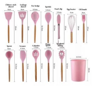 Kit Utensílios Cozinha Silicone Colher Copo Suporte 12 Peça Rosa - Imagem 3