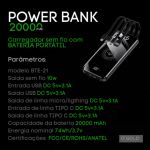 Carregador Portátil Power Bank 20000mah Android E Ios AGold BTE-21 - Imagem 4