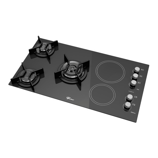 c50cf1fdcb13093bdefd04cd16deff6a.jpg Cooktop Gás/Elétrico Fischer 5 Bocas Tripla Chama TOP com Trempe de ferro fundido Vitrocerâmica 220V - Imagem 1