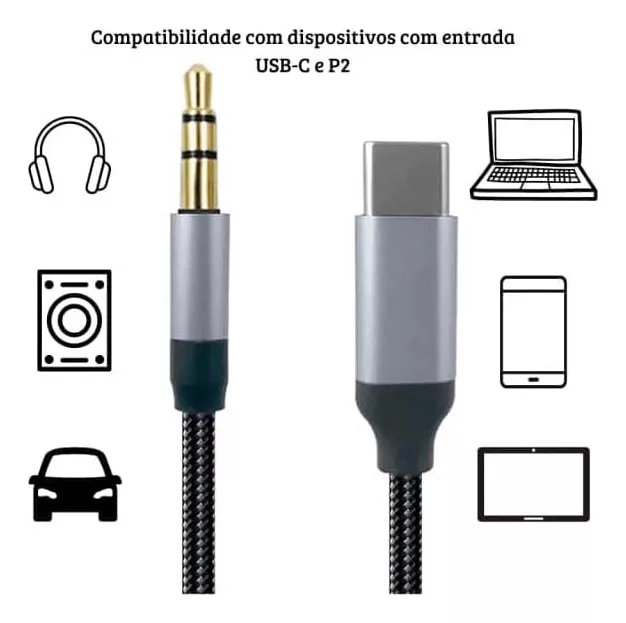 c7750efa98cba94cbe7f1565ce4ed599.png Cabo De Audio Auxiliar Conversor Adaptador Tipo C Para P2 - Imagem 1