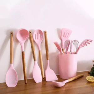 Kit Utensílios Cozinha Silicone Colher Copo Suporte 12 Peça Rosa - Imagem 2
