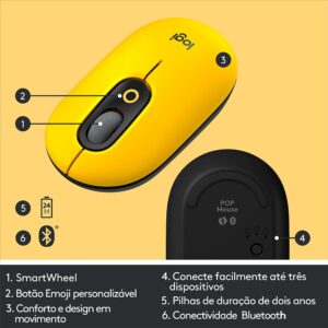 Mouse Sem Fio Logitech POP, 4000 DPI, Botão Emoji Customizável, SilentTouch, Compacto, USB, Bluetooth, Amarelo - Imagem 5