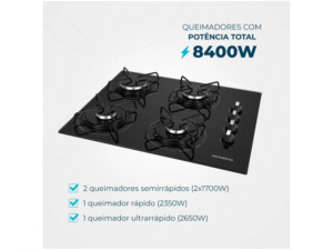 Cooktop 4 Bocas Mondial a Gás GLP Preto Bivolt - Imagem 4