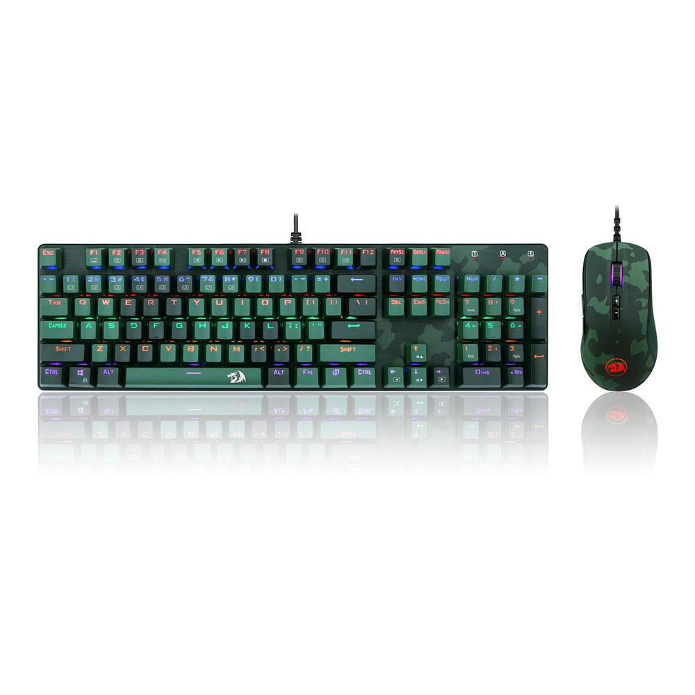 5b7ca9b711c2a76a54ced890c3047e9f.jpg Kit Teclado e Mouse Gamer Redragon S108 Dark Green - Teclado Mecânico, Rainbow, Switch Outemu Blue, ABNT2 + Mouse RGB Ca - Imagem 1
