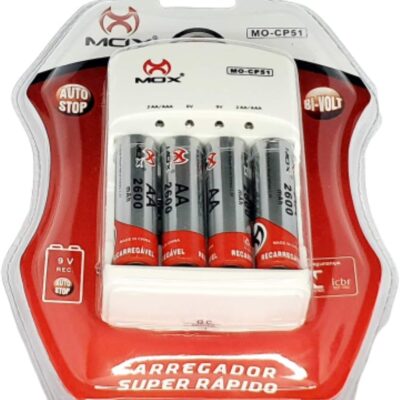 4 Pilha Recarregável Mox Aa Aaa + Carregador Rápido Bivolt