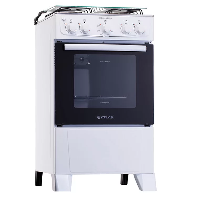 c7e30349a8aa20a8e8577b3dcbaa5b1b.png Fogão a Gás de Piso 4 Bocas Atlas Mônaco Plus, Mesa de Inox, Branco - Imagem 1