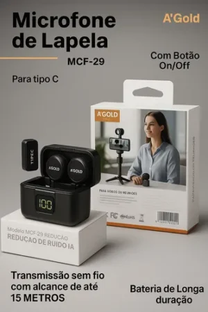 Microfone De Lapela A'Gold MCF-29TIPO-C Preto 2 microfones Sem fio - Imagem 2