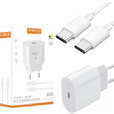 Fonte Carregadora USB-C Turbo 30w entrada Tipo C + Cabo Tipo C para Tipo C a'Gold CA37