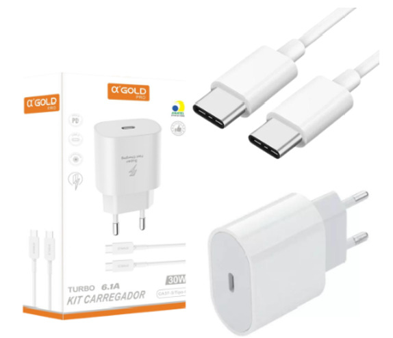 56448a376613692080621922334ef3bc.jpg Fonte Carregadora USB-C Turbo 30w entrada Tipo C + Cabo Tipo C para Tipo C a'Gold CA37 - Imagem 1