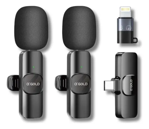 719e0c9fd1de263e8796413ca413d6c7.webp Microfone De Lapela Duplo A'Gold Sem Fio Tipo-c Com Adaptador Iphone A'Gold MCF-09 - Imagem 1