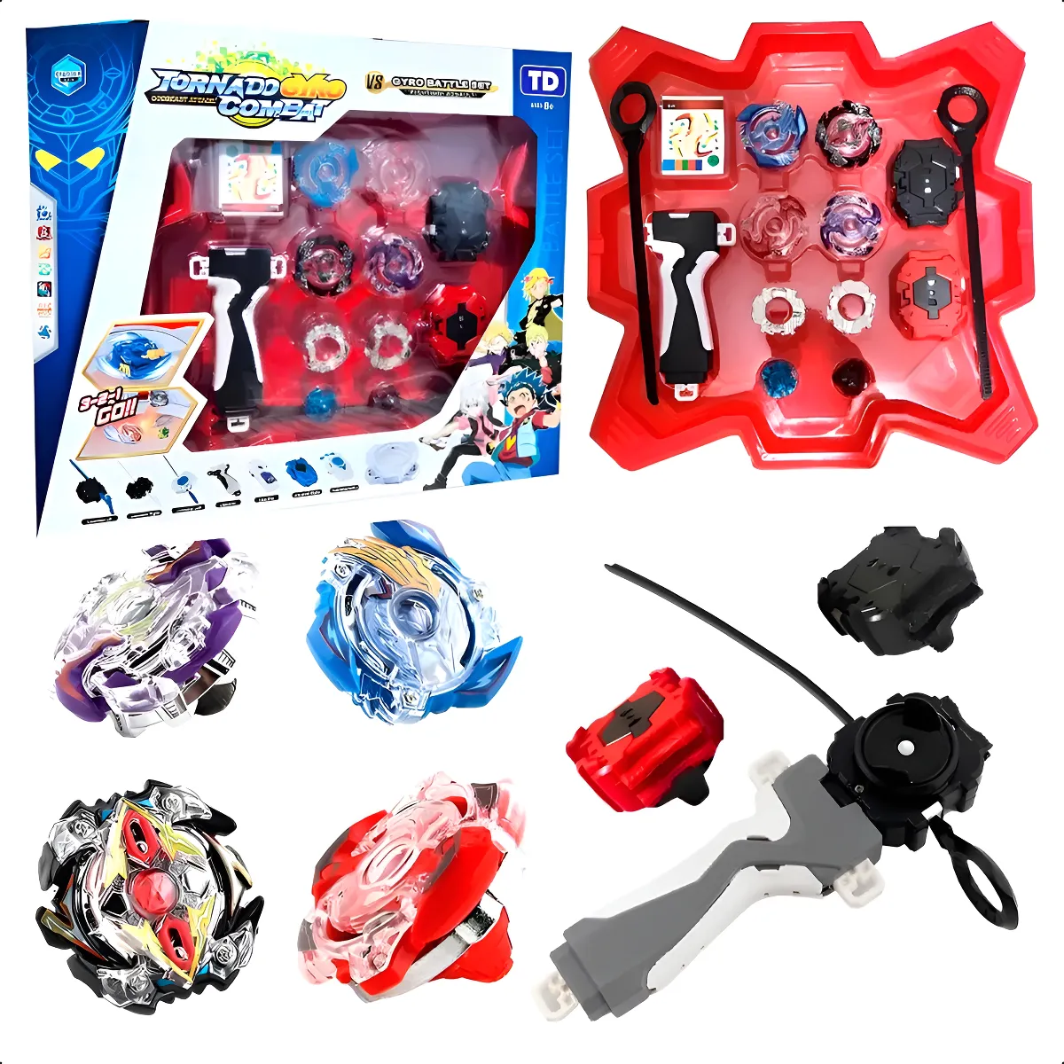 9c83a1b7cb541fc251aeab8dc555095c.webp Kit Beyblade 4 Com 2 Lançadores 1 Grip E Arena Profissional - Imagem 1