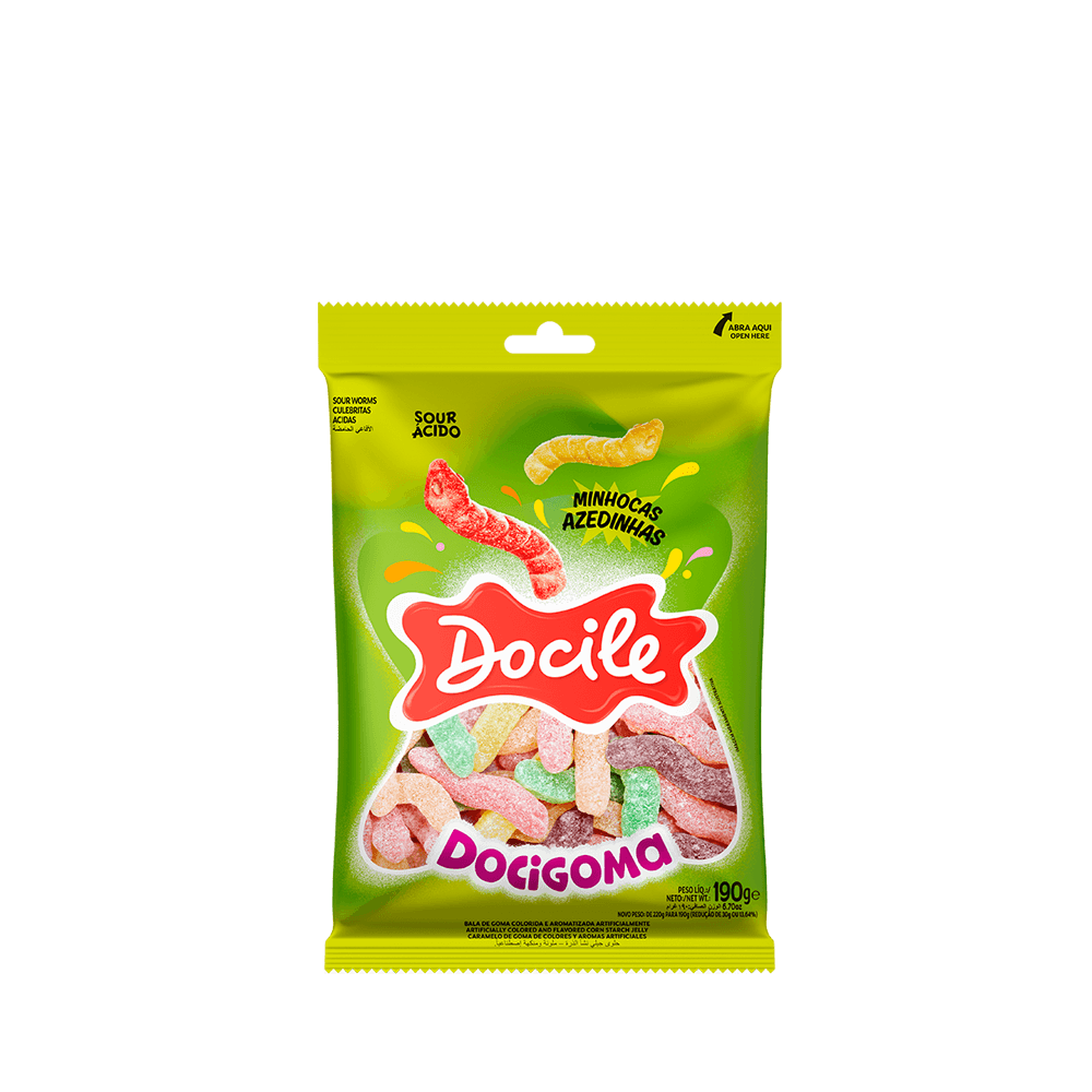 117ba8a7494ee37519ce472a212a83ba.png Bala Gelatines Minhocas Azedinhas 190G Docile - Imagem 1