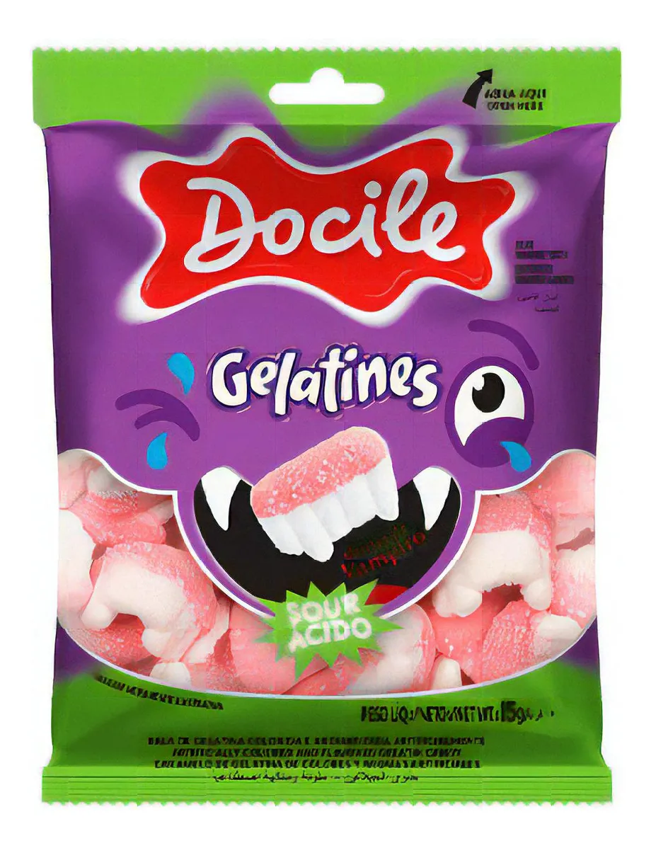 34183813559bffc13c81b498a8c16456.webp Bala Gelatines Mini Dentes de Vampiro Ácido 15G Docile - Imagem 1