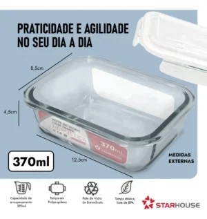 Pote de Vidro 370ml retangular Hermético - Imagem 2