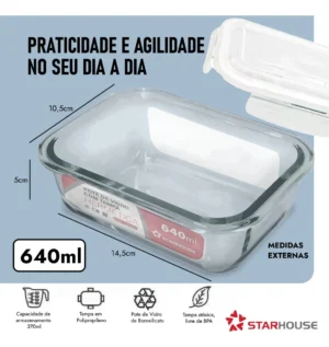 Pote de Vidro 640ml retangular Hermético - Imagem 2