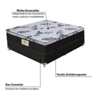 Cama de Casal Conjunto Box Flora (1,38x1,88x0,22) Molas ensacadas Cor Preto, Gazin - Imagem 3