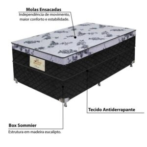 Cama Solteiro Conjunto Box Flora (0,88x1,88x0,22) Molas ensacadas Cor Preto, Gazin. - Imagem 2