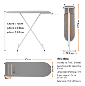 Tabua De Passar Roupa Reforçada Com Porta Ferro 3 Alturas Cor Branco - Imagem 2