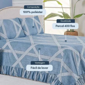 Colcha Premium Queen 3 Peças Percal 400 Fios Toque Macio Azul Geométrico - Imagem 4
