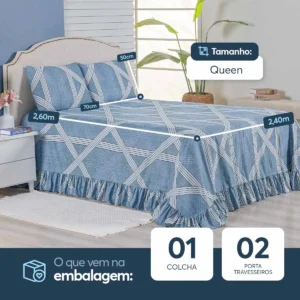 Colcha Premium Queen 3 Peças Percal 400 Fios Toque Macio Azul Geométrico - Imagem 2