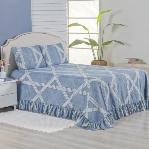 Colcha Premium Queen 3 Peças Percal 400 Fios Toque Macio Azul Geométrico