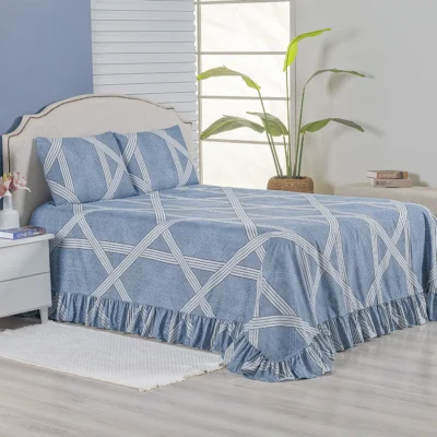 Colcha Premium Queen 3 Peças Percal 400 Fios Toque Macio Azul Geométrico