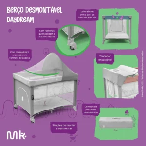 Berço Desmontável DayDream 0-15 Kg Cinza Multikids Baby - BB404 - Imagem 2