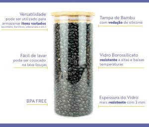 Kit 5 Potes Herméticos de Vidro e Tampa Bambu Para Mantimentos Cozinha - Imagem 3