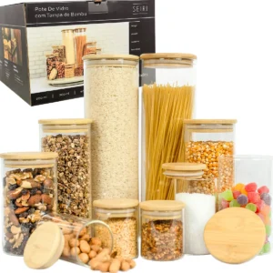 Kit 5 Potes Herméticos de Vidro e Tampa Bambu Para Mantimentos Cozinha - Imagem 2