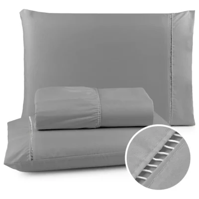 Jogo De Lençol Casal Cor Cinza 3 Pçs 400 Fios C/ Elástico 188cm X 138cm x 30cm