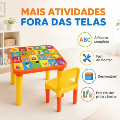 Mesinha Infantil Educativa Com Cadeira Alfabeto Letras Didática Pintura Desenho