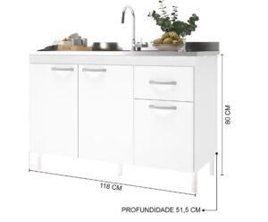 Balcão para Pia 120cm 3 Portas 1 Gaveta Brasil 6115-11 Branco Indékes - Imagem 3