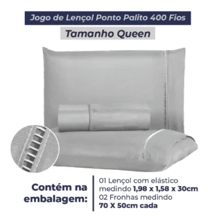Jogo de lençol Com Duas Fronhas Cor Cinza em 400 fios Queen 1,58cm x 1,98m x 30cm - Imagem 6